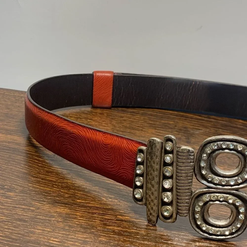Chicos, leather silver jeweled slide fit belt size small/medium ￼